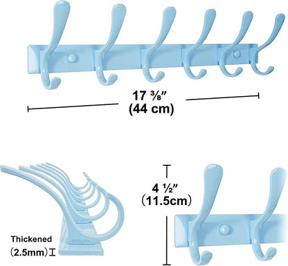 SKOLOO Wall Mounted Coat Rack - 6 Hooks, Heavy Duty, Stainless Steel, Metal Wall Hangers, Sturdy Coat Hooks for Hanging Coats, Jacket, Clothes, Hat, Blue