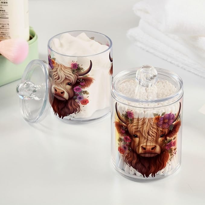 MNSRUU 2 Pack Qtip Holder Organizer Dispenser Highland Cow Pink Bathroom Storage Canister Cotton Ball Holder Bathroom Containers for Cotton Swabs/Pads/Floss