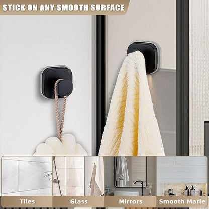 Fenas Suction Cup Hooks for Shower - Resuable Bathroom Hooks for Towels, Robes & Loofah - No-Drill Mounting on Kitchen,Walls,Metal,Glass,Mirrors,Tile & Smooth Non-Porous Surfaces (2, Matte Black)