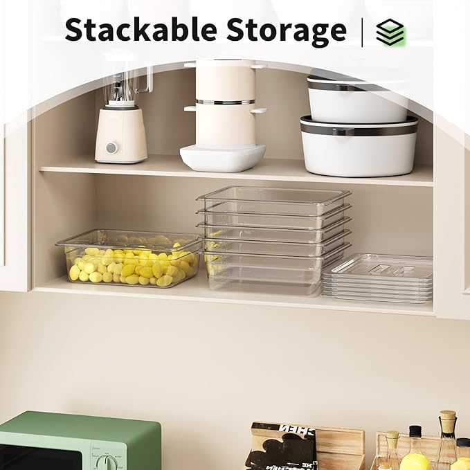 FORITRUE 1/2 4'' 6 Pack Plastic Food Pans With Lids, Clear Food Pan, Commercial Stackable Polycarbonate Freezer-Safe for Fruits Vegetables Restaurant Kitchen