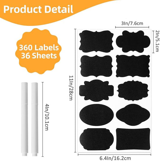 360Pcs Chalkboard Labels – 3x2 Inch Reusable Blackboard Stickers with 2 White Erasable Chalk Markers, 10 Assorted Shapes, for Mason Jars, Food Containers, and Pantry Storage