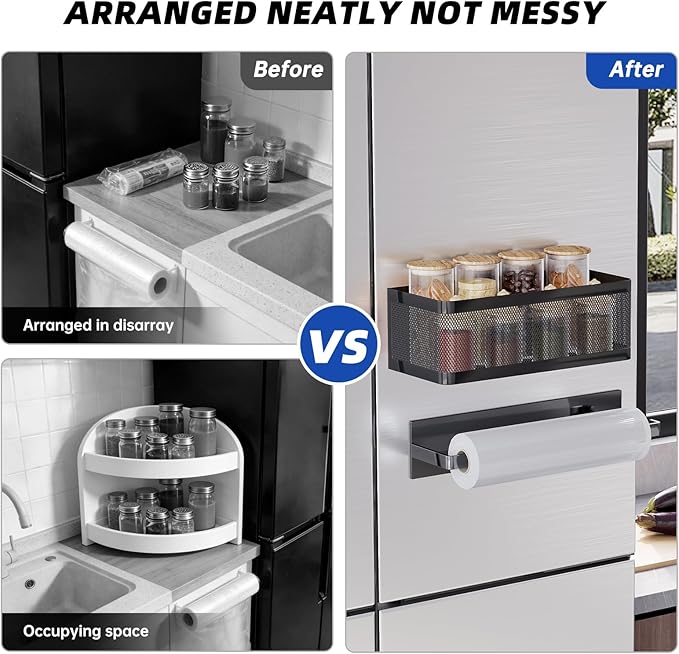 Magnetic Spice Rack for Refrigerator with Magnet Paper Towel Holder, Heavy-Duty Magnetic Shelf for Fridge, 2-in-1 Organization Shelf Sets for Kitchen, Washing Machine & Fridge Side, Black