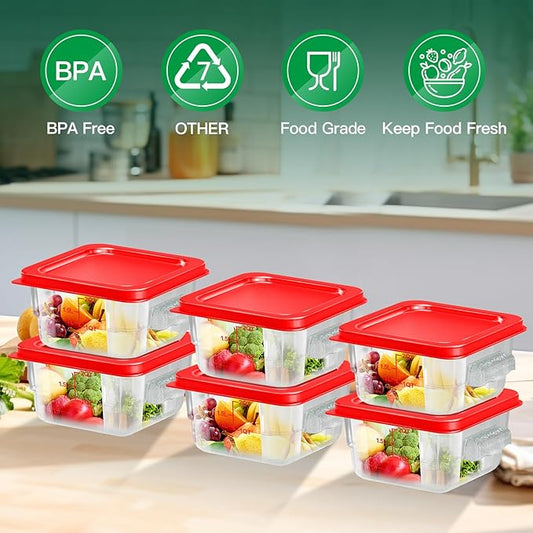 FeyBuosk 6 pcs 2qt Food Storage Containers with Lid, Square Clear Commercial Food Storage Containers with Handle and Scale for Food Storage in Home Kitchen & Dining (Red)