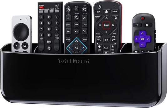 TotalMount Hole-Free Remote Holder – Eliminates the Need to Drill Holes in Your Wall (Premium Black Remote Control Holder for 5 or 6 Remotes)
