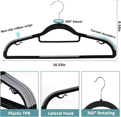 LMTrystFit 50 Pack Coat Hangers, Space-Saving, Non-Slip, Sturdy Heavy Duty Hangers for Suit, 0.2 Inches Slim Plastic Clothes Hangers, 360° Swivel Hook for Suit/Clothes, Black and Dark Gray