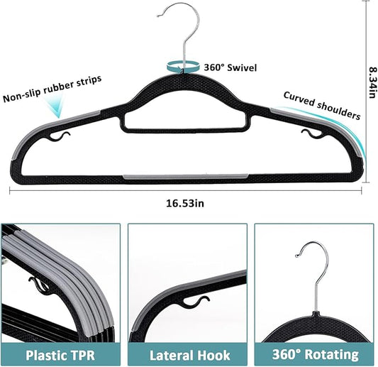 LMTrystFit 50 Pack Coat Hangers, Space-Saving, Non-Slip, Sturdy Heavy Duty Hangers for Suit, 0.2 Inches Slim Plastic Clothes Hangers, 360° Swivel Hook for Suit/Clothes, Black and Dark Gray