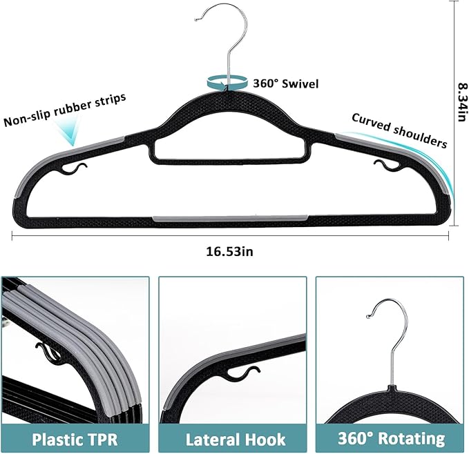 LMTrystFit 30-Pack Plastic Clothes Hangers, Space Saver, Non Slip, 360° Swivel Hook, 0.2 Inches Slim, Sturdy Heavy Duty Coat Hangers, Durable Hangers for Suits, Black and Dark Gray