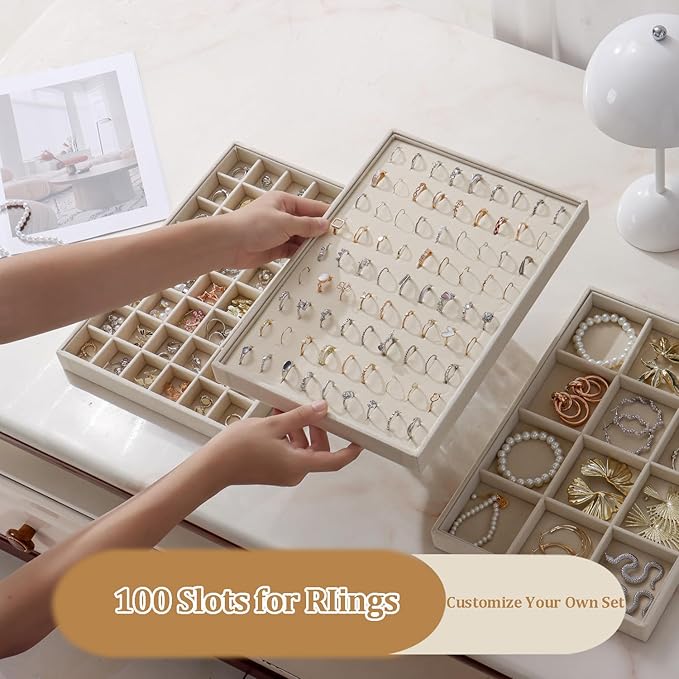 KATISYIO Large Velvet Jewelry Tray 2 Pack Stackable Jewelry Display Drawer Inserts Trays Organizer for Earring Bracelet Necklace Ring (Beige, Ring 81 Slots)