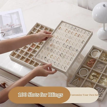 KATISYIO Large Velvet Jewelry Tray 2 Pack Stackable Jewelry Display Drawer Inserts Trays Organizer for Earring Bracelet Necklace Ring (Beige, Ring 81 Slots)