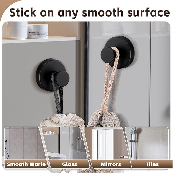 Supopular Reusable Heavy Duty Suction Cup Hooks for Kitchen/Bathroom/Shower - Wet-Proof Hooks for Towels, Robes, Loofah&Wreaths/No Drill Mounting on Glass, Tile, Metal (2, Matte Black)