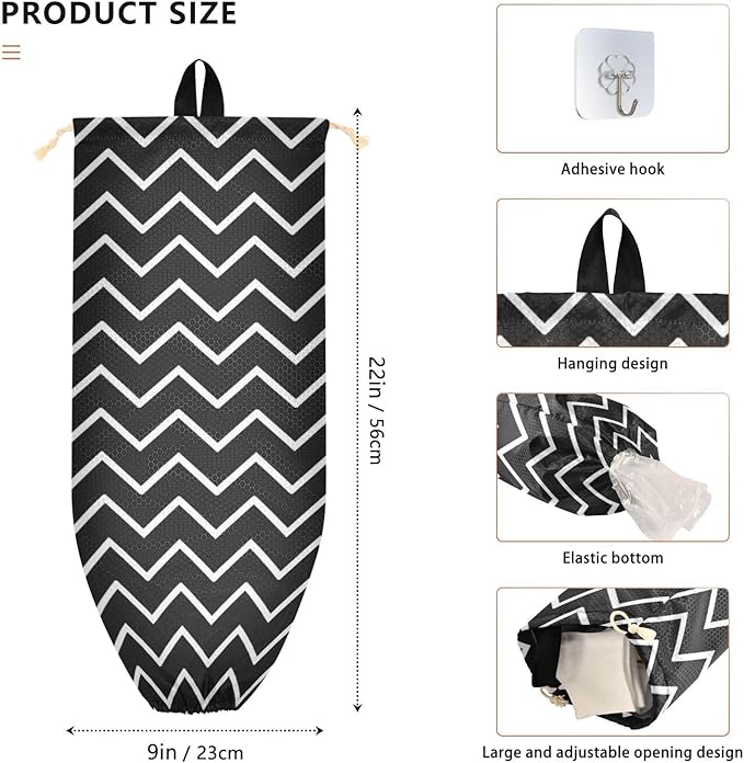 2 PCS Plastic Bag Holder Wall Mount Grocery Bag Holder Shopping Bag Trash Bag Storage Organizer Dispenser for Kitchen Closet 22 x 9 Inch Black and White Zigzag