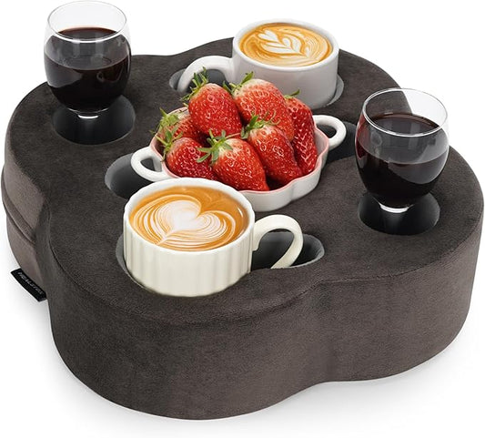 Couch Cup Holder Pillow, Sofa Organizer Caddy Bed Refreshment Tray for Drinks, Remotes, Phones, Snacks (Soot)