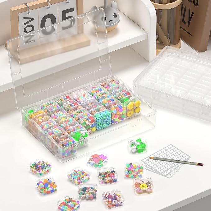 Bead Organizer Box,61pcs Clear Plastic Storage Containers Set, Clear Large Capacity Small Bead Organizers and Storage Plastic Cases with Labels, for Jewelry, Crafts, Diamonds Storage