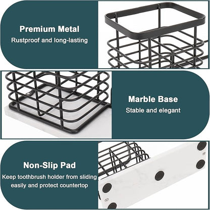 HarJue Toothbrush Holder, Luxurious Metal Toothbrush Toothpaste Holder with Marble Base for Bathroom, Multi-Slots Openwork Design, Bathroom Accessory for Storage and Organizer (Large, Matte Black)