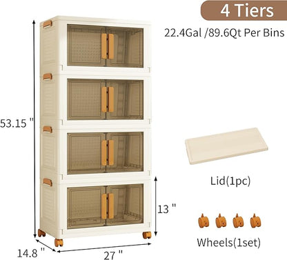 Vavkorkula Plastic Stackable Storage Bins with Lids and Wheels, 358.4QT-89.6QT*4Tier Foldable Closet Organizers and Containers, Collapsible Clear Drawer Storage Cabinet with Doors Ivory White