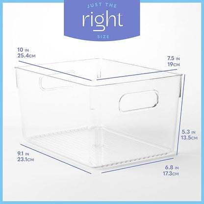 primebox Plastic Food Storage 4 Pack Clear Container Bin with Handles for Organizing Kitchen, Pantry, Refrigerator, Freezer, Pantry, Cabinet, Closet, Bathroom. 10”x7.5”x5.3”