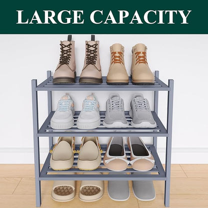 Smiry Small Bamboo Shoe Rack 3-Tier, Stackable Wooden Shoe Organizer for Entryway & Closet, Free Standing Wood Shoe Storage Shelf for Front Door & Small Spaces, Grey