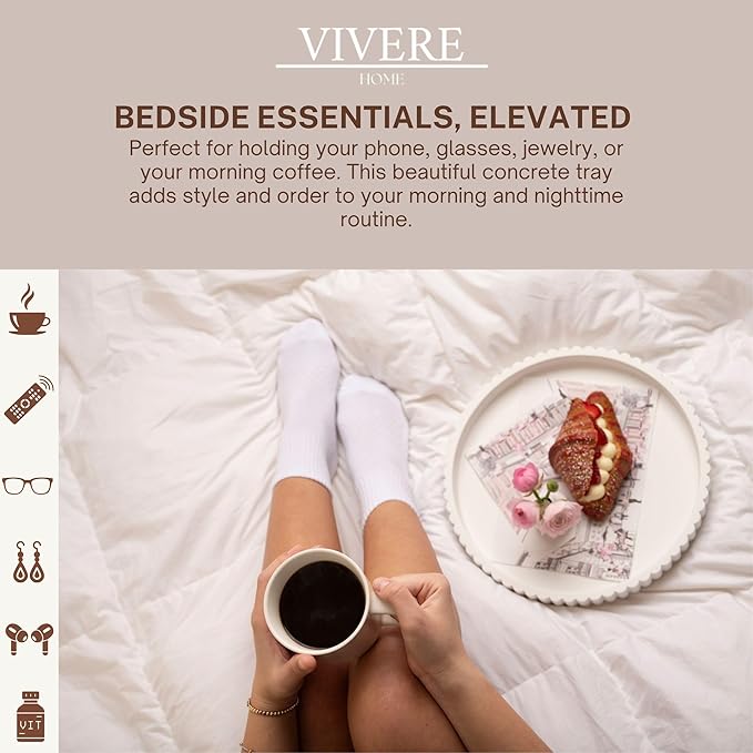 Vivere Home 13-Inch Round Coffee Table Tray - Concrete Round White Decorative Tray for Coffee Table Decor - Table Centerpieces Kitchen Island Trays Decorative Trays - Dining Room Tray White