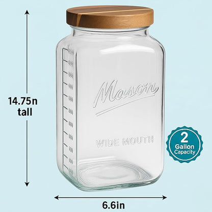 kitchentoolz 2 Gallon Glass Mason Jar with Airtight Wooden Lid – Wide Mouth Square Storage Container with Measurement Marks – Ideal for Pantry Organization, Dry Goods & Food Prep