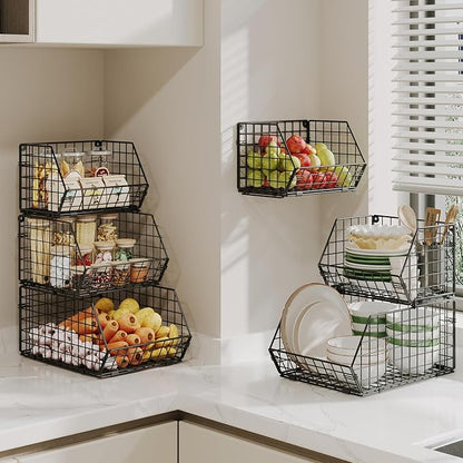 2 Tier Stackable Wire Basket-Kitchen Counter, Pantry Organization and Storage - Cabinet, Countertop Space Saving Organizing - Produce, Fruit, Vegetable,Onion, Potato, Bread Organizer Bin