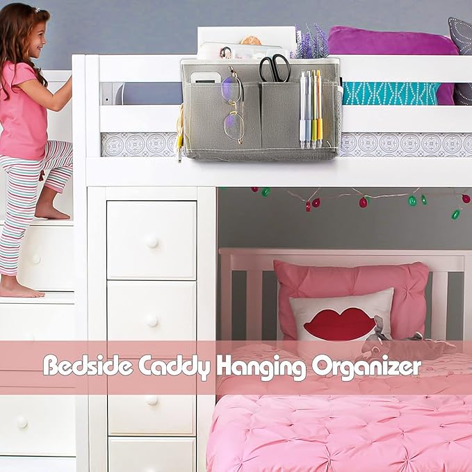 Frjjthchy Bedside Caddy Hanging Storage with Water Bottle Holder for Bunk Bed, Hospital Bed, Dorm Rooms (Grey)