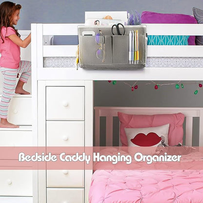Frjjthchy Bedside Caddy Hanging Storage with Water Bottle Holder for Bunk Bed, Hospital Bed, Dorm Rooms (Grey)