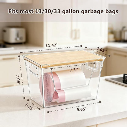 2 Pack Trash Bag Dispenser with Bamboo Lid, Stackable Trash Bag Holder, Large Clear Garbage Bag Organizer for 4-33 Gal Bags, Space-Saving Under Sink Organizer for Kitchen, Laundry, Pantry
