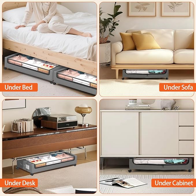 Under Bed Storage Containers with Wheels - Foldable Organizer Bins for Blankets, Clothes, Shoes, Toys, and Comforters.Capacity, Space Saving, Easy Pull Out, Clear PVC (Gray-1)