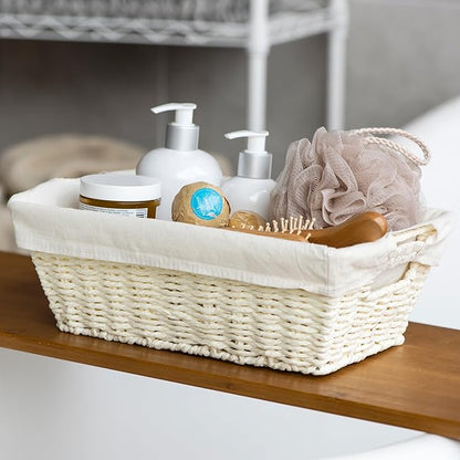 JS HANGER Wicker Storage Basket with Washable Liners, Metal Frame, Set of 2, 12.6" L x 8.7" W x 4.3" H, Woven Paper Basket for Pantry, Toilet, Bathroom, Bedroom, Patio, Light Yellow
