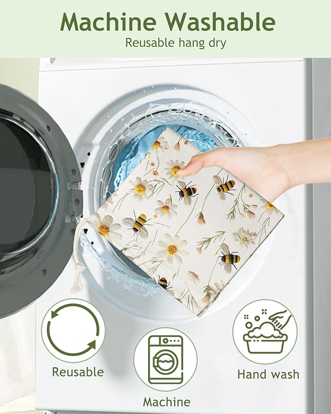 Plastic Bag Holder Organizer - 1 Pack Reusable Canvas Grocery Bags Holder Hanging Wall Cute Aesthetic Shopping Bag Storage Dispenser with Drawstring Closure for Kitchen Home, Flower Bee