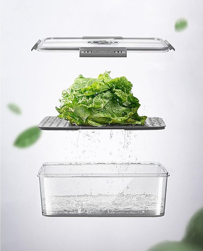 Huaqinglian Fridge Produce Saver Food Storage Bin with removable Drain Tray, Stackable Refrigerator Organizer Fresh Keeper Container with timer lid For Kitchen Produce Fruit Vegetables storage (1.7L)