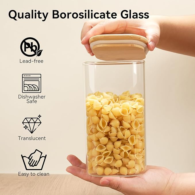 Glass Spaghetti Pasta Storage Container - 5 Pack Airtight Food Storage Jar Set with Bamboo Lid Labels - Square Kitchen Pantry Canister Organizers for Cookies Candy Coffee Bean Sugar Tea Spice Flour