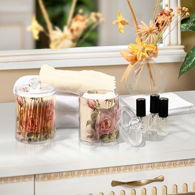 MNSRUU 2 Pack Qtip Holder Organizer Dispenser Floral Rose Pink Bathroom Storage Canister Cotton Ball Holder Bathroom Containers for Cotton Swabs/Pads/Floss
