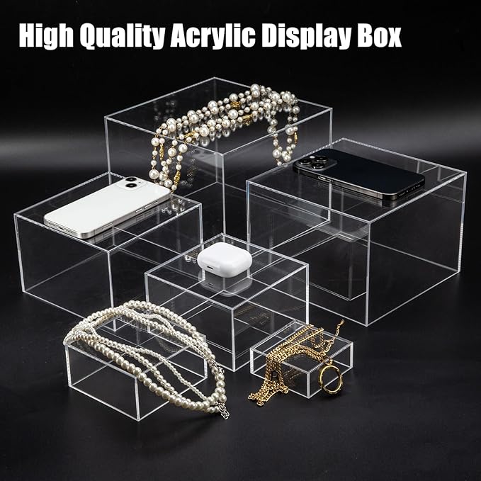 Cliselda 6Pcs Clear Acrylic Boxes for Display, Food Risers for Buffet Table Party Cupcake Candy Desset,Acrylic Nesting Risers Display Stands Cube Boxes with Hollow Bottoms