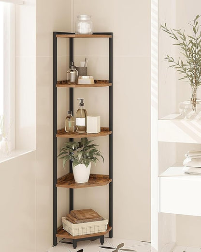 Corner Shelf Stand, Corner Bookshelf, Storage Standing Shelf Unit with Metal Frame, Plant Stand, Corner Bookcase for Living Room, Home Office, Bedroom, 5-Tier Rustic Brown CS05901B