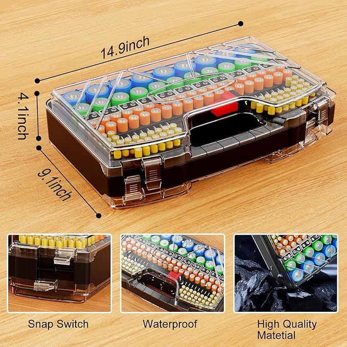 Battery Organizer Storage Holder Box Case with Tester, New Ultra-Large 285+Batteries Double-Sided Variety Pack, Holds AA AAA 4A C D Button Cell 9V 3V Lithium18650 CR2 CR123 CR1632 LR44 (Black)
