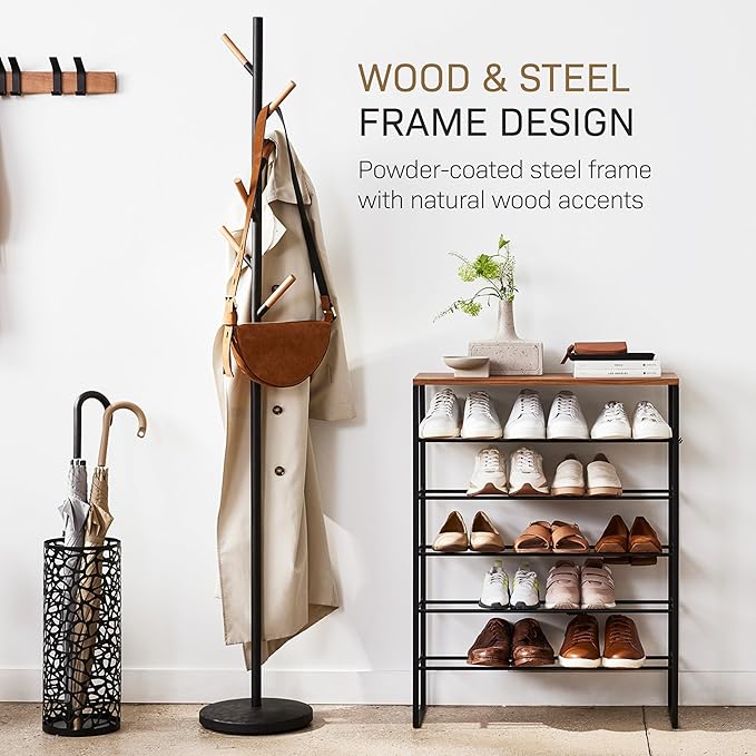 YAMAZAKI Home Freestanding Coat Rack Stand – Modern Coat Tree With Wooden Hooks, Standing Coat Hanger For Entryway, Sturdy Weighted Base, Steel, White, Easy Assembly, 70" - Steel
