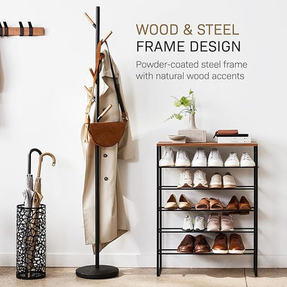 YAMAZAKI Home Freestanding Coat Rack Stand – Modern Coat Tree With Wooden Hooks, Standing Coat Hanger For Entryway, Sturdy Weighted Base, Steel, White, Easy Assembly, 70" - Steel