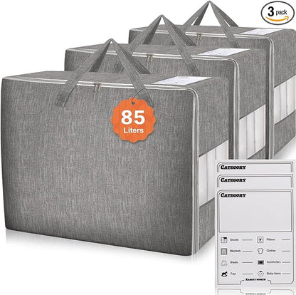 Karceyworth 3 Pack 85L Comforter Storage Bags, Extra Large Bedding Storage Bags with Card and Clear Window, Reinforced Handles & Zippers, Foldable Closet Organizers for Blanket Pillow Clothes