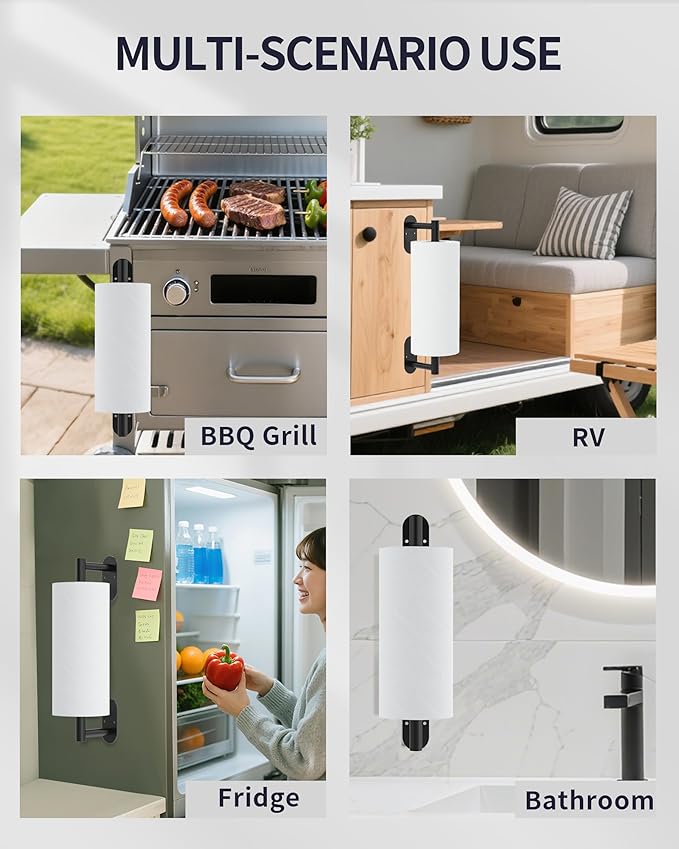 Paper Towel Holder Under Cabinet, Self Adhesive or Wall Mount for Kitchen Bathroom, Stainless Steel Paper Towel Holders with Damping Effect, Single Hand Operable (Matte Black)