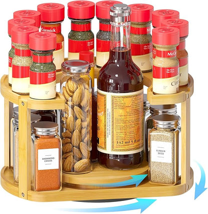 SpaceAid 2 Tier Bamboo Spice Rack Organizer, Lazy Susan Turntable for Cabinet, Home Kitchen Spices Spinning Rotating Shelf Racks for Pantry Seasoning Bottle Holder Storage (Two Tier, Natural)