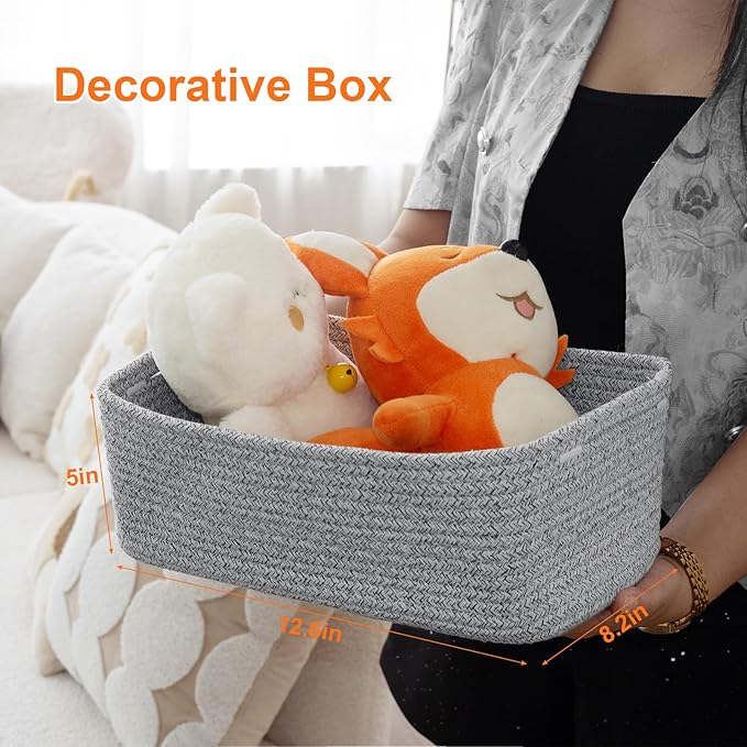Small Storage Baskets for Organizing, Woven Storage Bins for Shelves, Gift Basket Empty, Cute Decorative Closet Organizer, Baby Rope Basket, Dog Toy Storage, 12.6x8.2x5”, 3Packs Mixed Gray