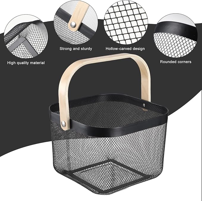 Roshtia 6 Pcs Metal Mesh Steel Basket with Handle, Rustic Square Wire Harvest, Shopping Baskets for Retail Store Garden Bathroom Kitchen(9.65 x 9.65 x 7.09 Inch,Black)