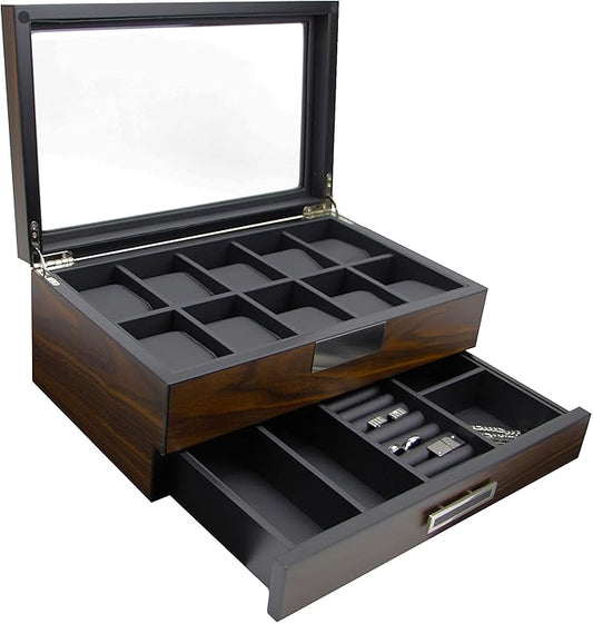Decorebay Executive Wooden Watch Box Valet Box Sunglasses and Jewelry Box Storage Organizer (Sweetheart) (Brown)