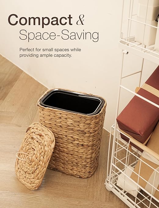 4 GALLONS Wicker Waste Basket - Wicker Trash Can with Lid - Water Hyacinth Bathroom Garbage Can with a Lid - Bathroom Trash Can Boho Style - Removable Liner, Iron Frame (Natural, 4 Gallons)