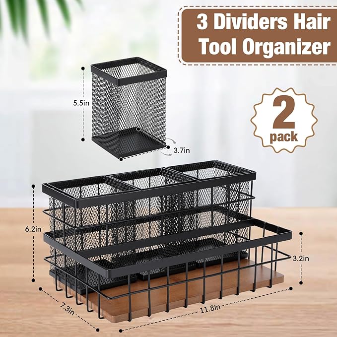 AceOrbit 2 Pcs Hair Tool Organizer Countertop Breathable Metal & Bamboo Hot Tools Organizer Under Sink Bathroom Hair Dryer Holder Countertop Brush Comb Holder,Makeup Tray (Koa Wood,Black)