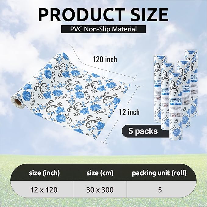 FIFTY FEET 12X120 Inch Shelf Liner for Kitchen Cabinets, PVC Drawer Liner for Dresser Non-Slip Bathroom, Non-Adhesive Cabinet Liner Washable (Blue Floral)(5 Roll)