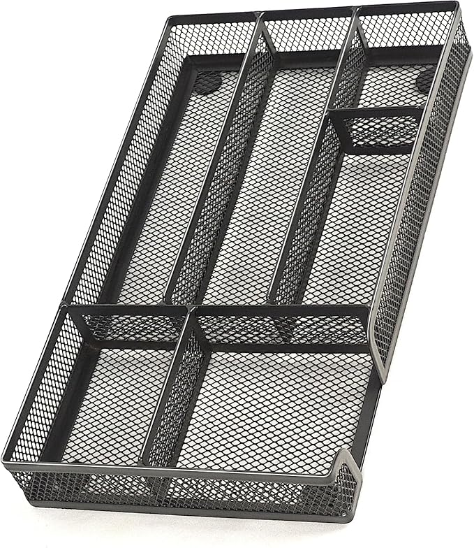 Desk Drawer Organizer Tray, Metal Mesh Drawer Office Drawer Organizer w/6 Compartment, Small Desk Organizer Tray for Home Office School Supplies, Desktop, 11X 6 X 1.45in, Black