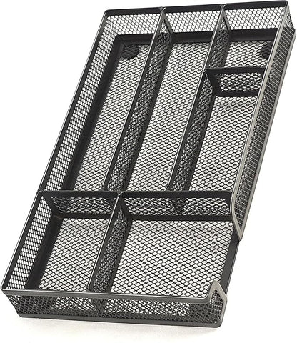 Desk Drawer Organizer Tray, Metal Mesh Drawer Office Drawer Organizer w/6 Compartment, Small Desk Organizer Tray for Home Office School Supplies, Desktop, 11X 6 X 1.45in, Black
