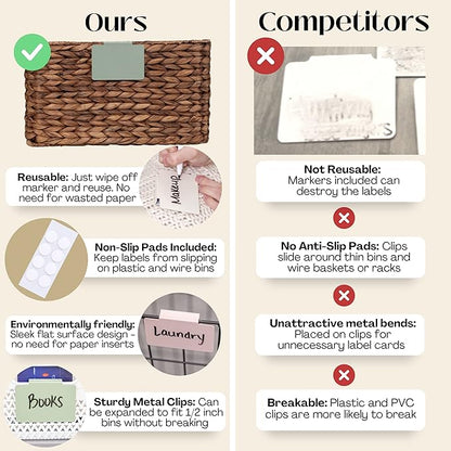 Hygge & Sage: Metal Non-Slip Basket Labels Clip On for Storage Bins, or Wire Racks | Includes 8 Labels, 8 Non-Slip Pads, and 2 Free Markers (Sage Green)